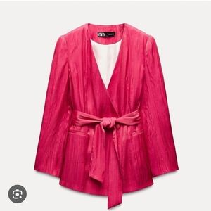 NWT Zara Women's Wrinkle Effect Fuchsia Belted Blazer Size Large